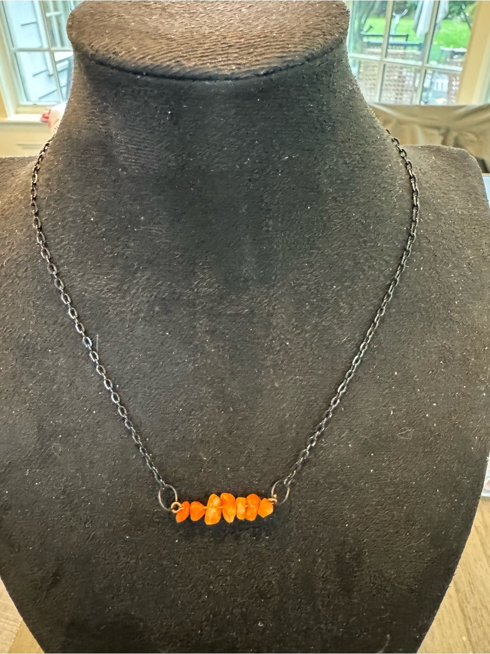 Orange Stone Chip Bar Necklace Black Chain Minimalist Boho Jewelry